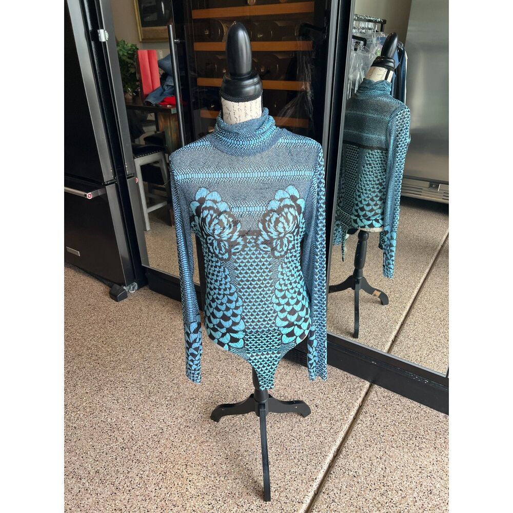 AFRM Zadie Power Mesh Turtleneck Top Blue Brown Fish Scale Tattoo Print NWT LG